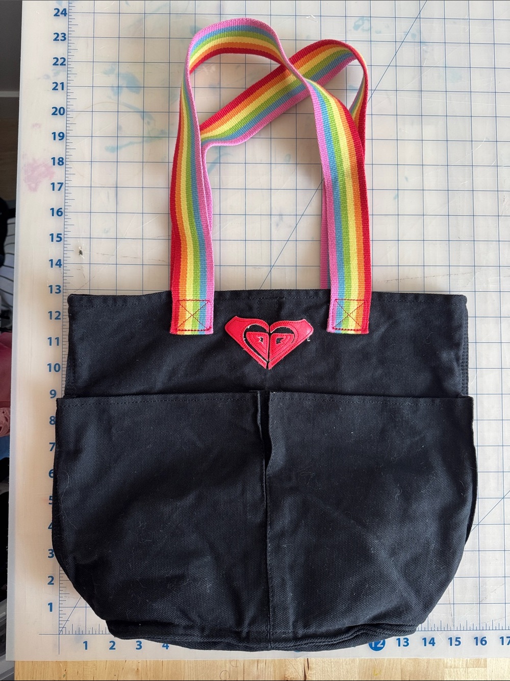 Roxy Beach Bag Early 2000’s Black Tote with Rainbow Straps